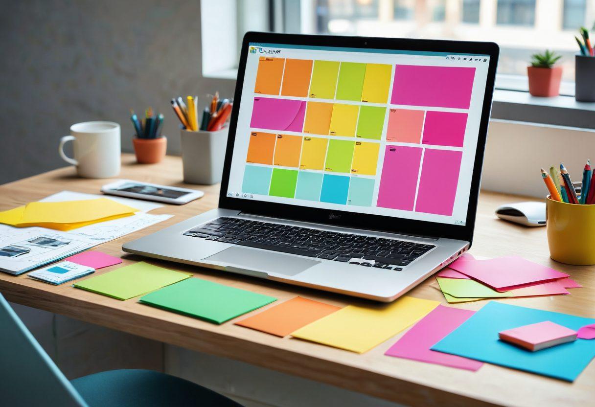 An intricate digital illustration of a designer's workspace with a sleek modern laptop displaying a vibrant, user-friendly interface; surrounding the laptop are colorful post-it notes, design sketches, and UI toolkits; all set against a minimalist and tidy desk setup. Add elements showcasing collaboration like smartphone and tablet devices with different UI mockups. Vector art. Bright and clean color palette.