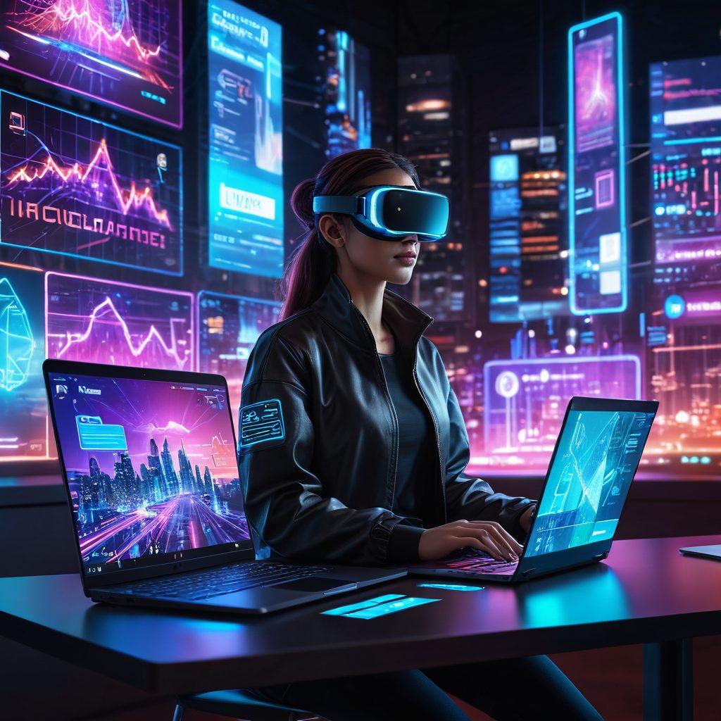A futuristic, sleek laptop with holographic screens displaying web designs, SEO graphs, and social media icons. The background features a digitally-rendered city bearing neon lights and banners showcasing different online platforms. A person with VR goggles interacts dynamically with the holographic data. super-realistic. vibrant colors. cyberpunk.