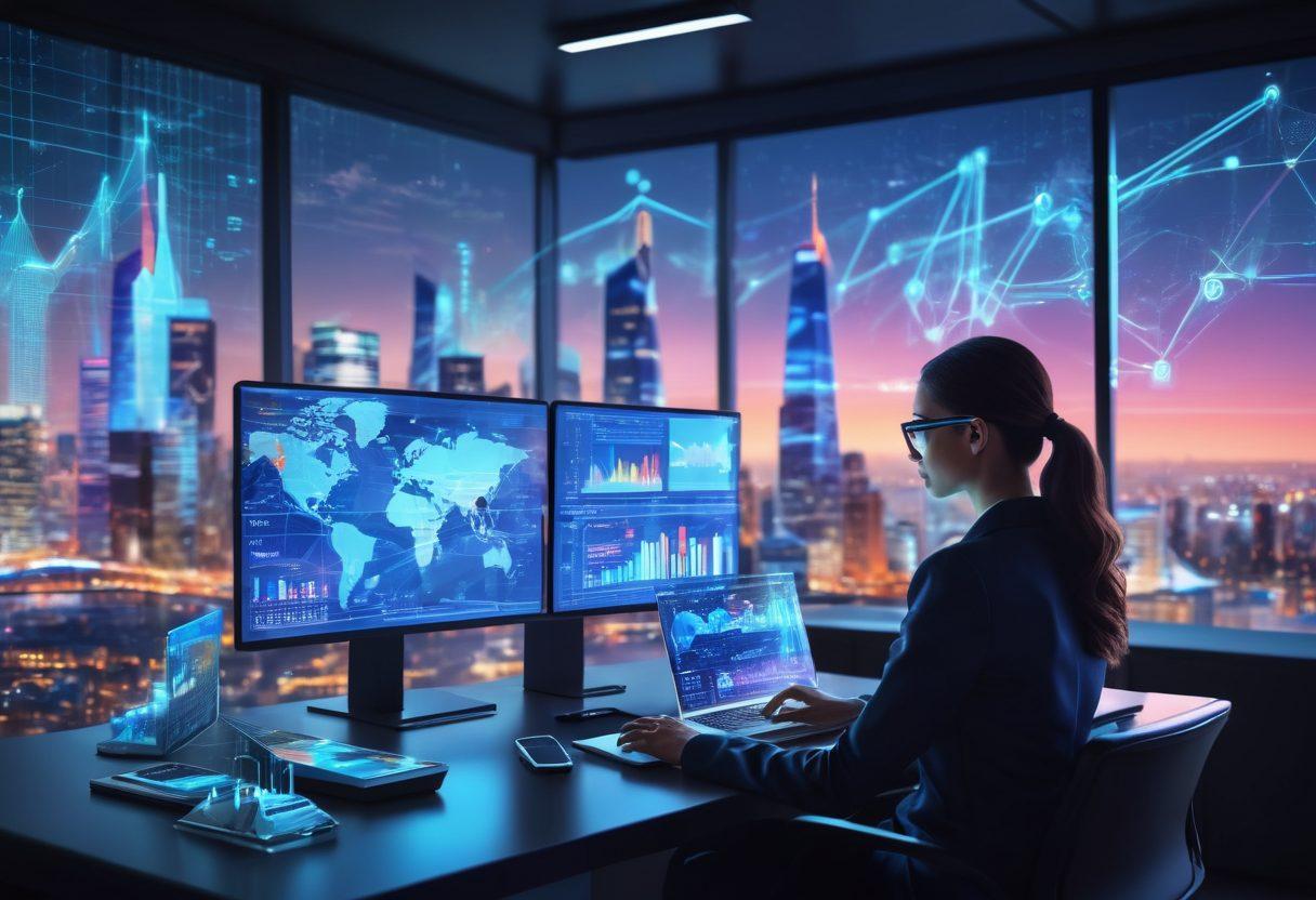 A futuristic office with holographic displays showcasing SEO graphs and digital marketing strategies, a professional analyzing data on a sleek laptop, and a dynamic cityscape in the background symbolizing global connectivity. vibrant colors. high-tech. super-realistic.